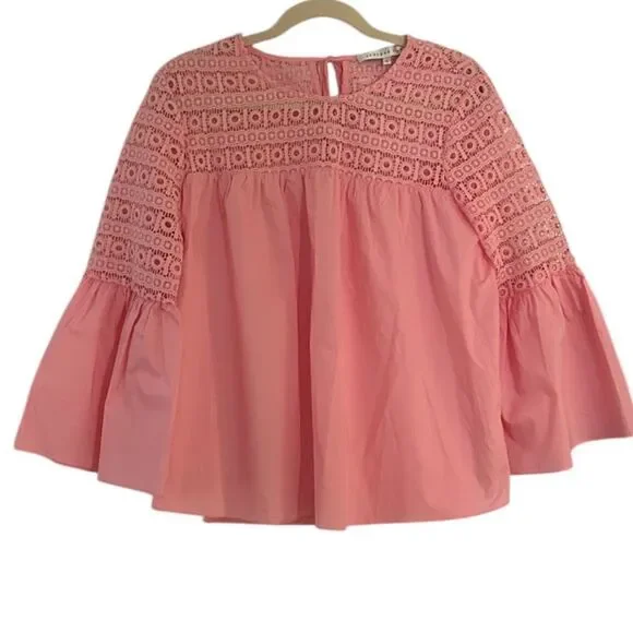 Anthropologie Endless Rose Pink Lace Poplin Bell Sleeve Blouse Large TJ027T - Picture 6 of 14